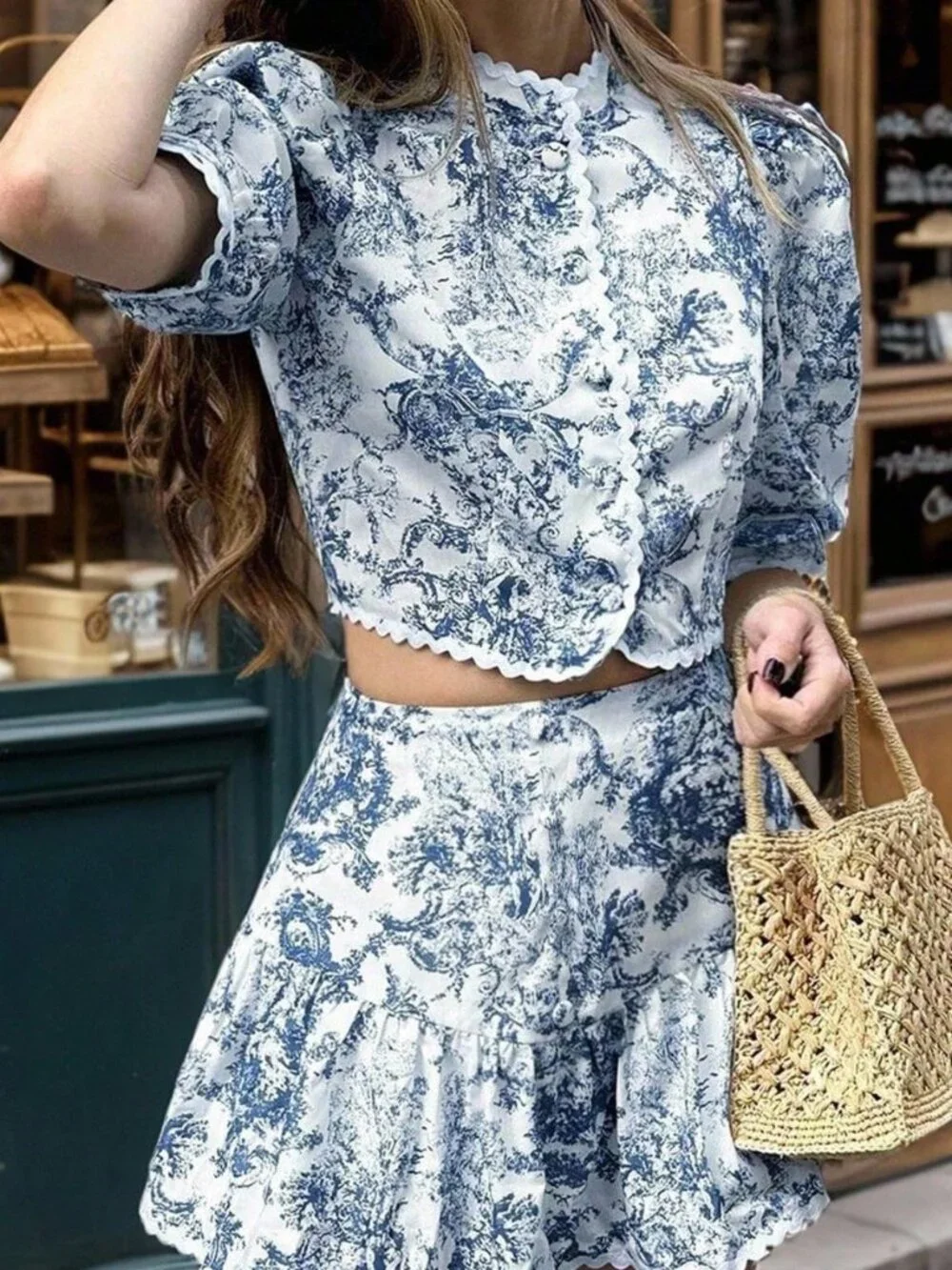 Blue Casual Women's Vacation All-Over Print Puff Sleeve Shirt & Mini Skirt Set